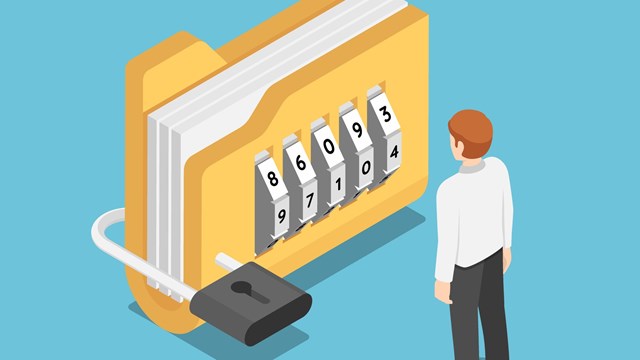 Flat 3d isometric businessman standing with folder with lock. Data security concept.