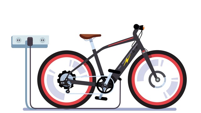 Modern electric bicycle charging its batteries with wall outlet plug wire. EV bike station. Flat style vector illustration isolated on white background.