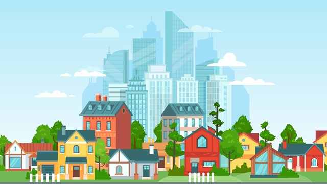 Suburban landscape. Urban architecture, small and big city buildings. Suburbans houses cartoon vector illustration. Countryside, suburbs with private cottages with cityscape on background
