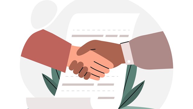 Businessmen make deal. Characters in costumes shake hands next to signed document. Entrepreneur got investment for business, organizations partnership metaphor. Cartoon flat vector illustration