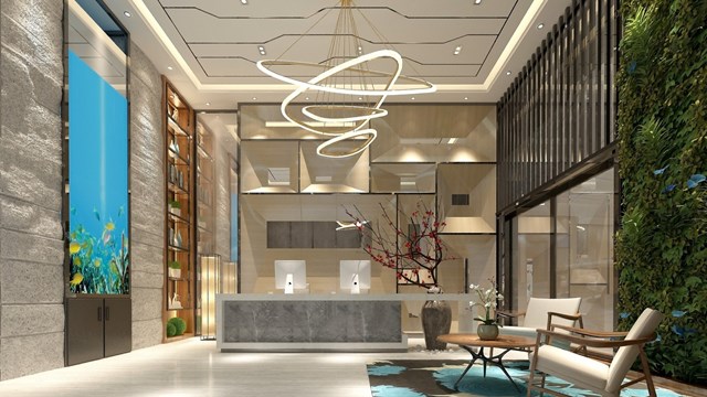 3d render of luxury hotel lobby entrance reception
