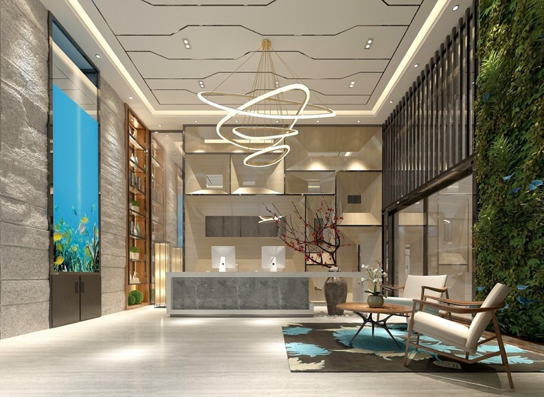 3d render of luxury hotel lobby entrance reception