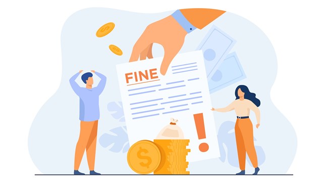 Tiny people getting paper sheet with fine flat vector illustration. Cartoon characters paying traffic bill, municipal tax or parking fee as penalty from police. Financial mulct or punishment concept