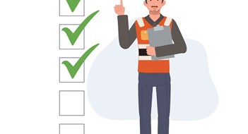Façade Maintenance Laws Check mark, construction site worker, Engineer with whitelist board. remind your checklist concept. Vector illustration