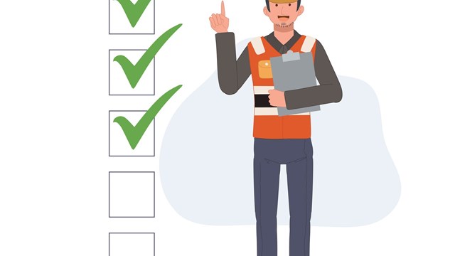 Check mark, construction site worker, Engineer with whitelist board. remind your checklist concept. Vector illustration