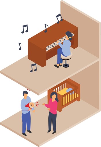 Noisy pianist neighbor isometric Concept,  Baby Cant Sleep Loud Piano Vector Color Icon Design, neighbourhood conflicts Stock illustration, bad neighbors Symbol