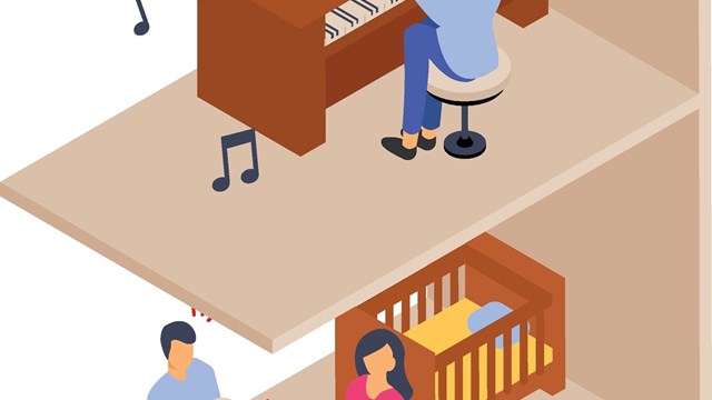 Noisy pianist neighbor isometric Concept,  Baby Cant Sleep Loud Piano Vector Color Icon Design, neighbourhood conflicts Stock illustration, bad neighbors Symbol