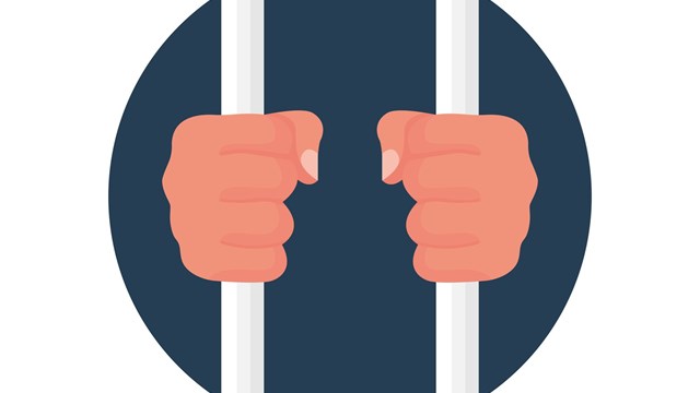 Hands holding prison bars, cartoon icon. Criminal man behind bars. Hands in handcuffs. Human in jail. Prisoner concept. Vector illustration flat design. Arrest of person. Isolated on white background.