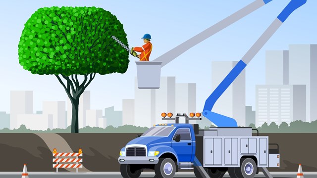 Tree pruning with hedge trimmer from aerial lift platform. Bucket truck tree surgeon city service vehicle. Aerial work basket vehicle. Vector clip art of cherry picker on urban cityscape background