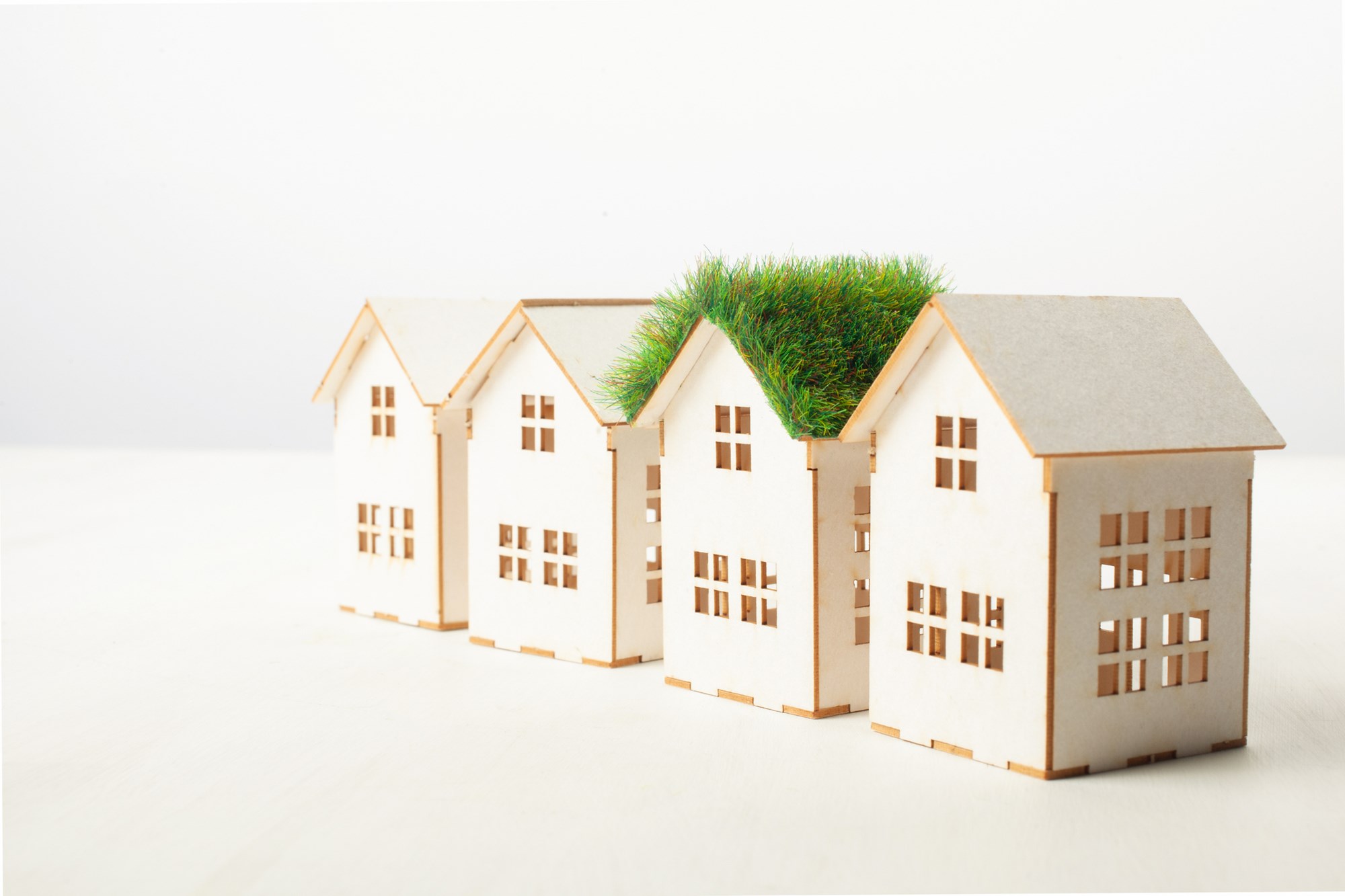 house with green roof in among white houses for real estate property industry