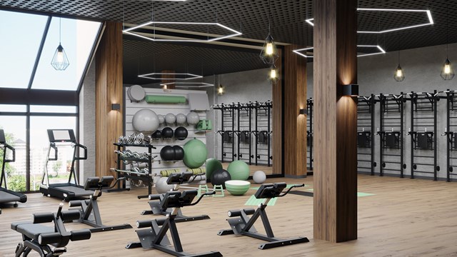 Modern gym interior with sport and fitness equipment, fitness center interior, interior  workout gym, 3d rendering