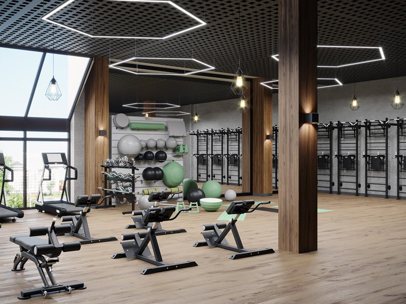 Modern gym interior with sport and fitness equipment, fitness center interior, interior  workout gym, 3d rendering