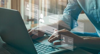 Assessing Buyer Applications Human resource manager looking at many different cv resume and choosing perfect person to hire. HR concept on virtual screen.