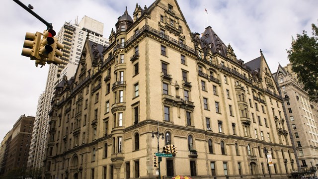 New York City, New York, USA - November 12, 2017: View of landmark The Dakota luxury apartment building and former home of John Lennon, seen from Central Park West.