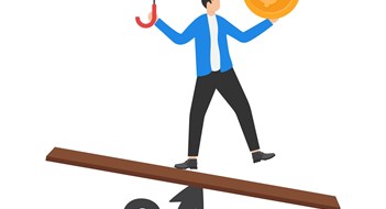 Rising Insurance Premiums Businessmen balance himself on percentage signs. Central bank money policy for inflation or interest rate, balance between profit and loss, financial challenge or risk, economic recovery concept.