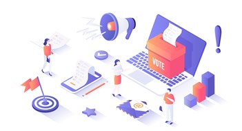 Q&A: Independent Board Election Review? Online voting. E-voting, election internet service, online choice. Ballot box with blank on laptop screen. Voting ballot on the phone screen. Isometry illustration with people scene for web graphic.