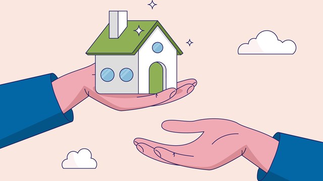 Financial advisor on legacy planning concept. Inherit house or real estate from parents, passing an inheritance to children, father giving house, wealth or property to his children small hand