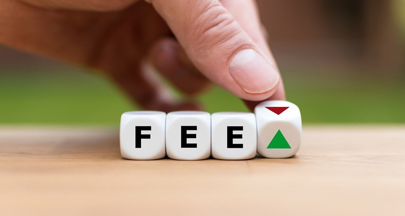 Symbol for increasing or decreasing fees. Hand turns a dice and changes the direction of an arrow. Dice form the word "FEE".