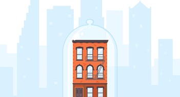 Q&A: Rent Stabilization Old-fashioned house and city view silhouette. Brick building covered by glass dom. Rent control house concept. Rent stabilized apartment unit. Well preserved and protected property. Flat vecto