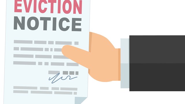 A hand presents an eviction notice isolated in flat design style (cut out)