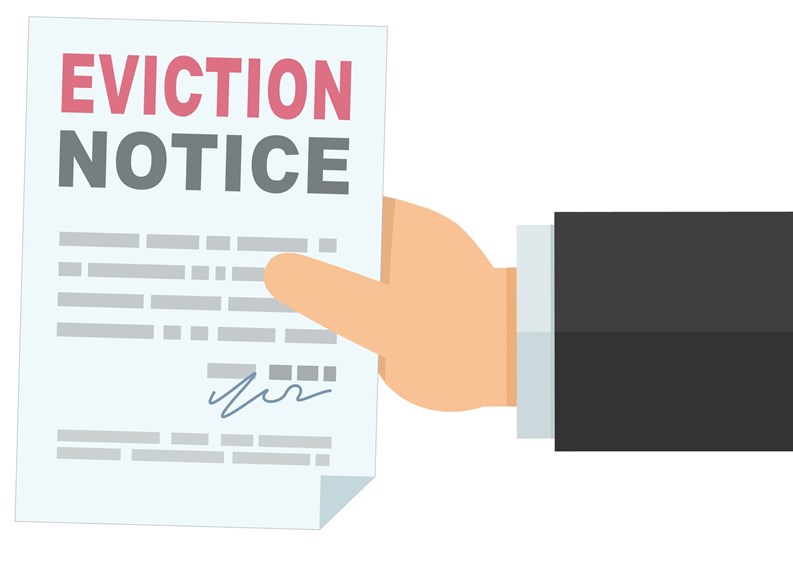 A hand presents an eviction notice isolated in flat design style (cut out)