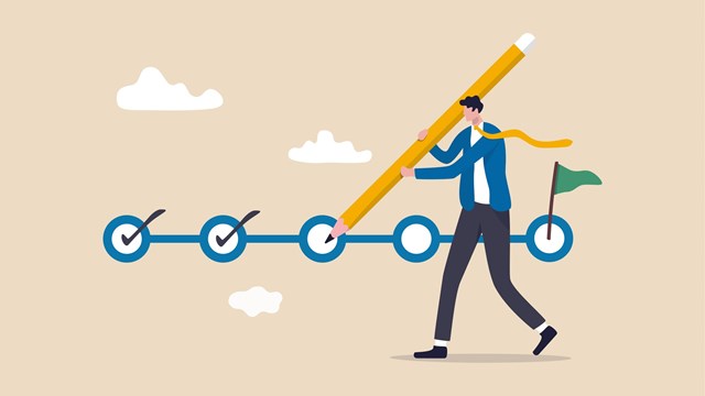 Project tracking, goal tracker, task completion or checklist to remind project progress concept, businessman project manager holding big pencil to check completed tasks in project management timeline.