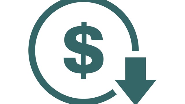 Cost reduction- decrease icon. Vector symbol image isolated on background .