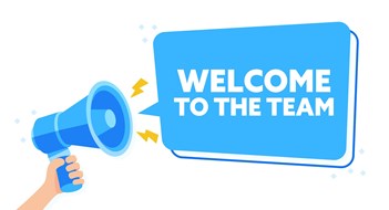 Onboarding New Building Staff Cheerful Blue Welcome Message Illustration with WELCOME TO THE TEAM and Megaphone.