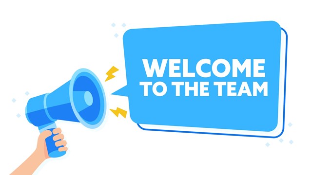 Cheerful Blue Welcome Message Illustration with WELCOME TO THE TEAM and Megaphone.