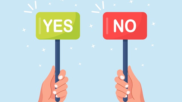 Human hand hold banner, placard with word Yes, No. Test question, choice, dispute, vote concept