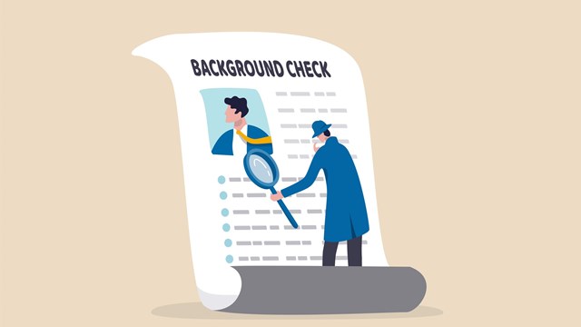 Background check for employment or recruitment, criminal or drug check on candidate or employee, work experience or career history concept, detective with magnifier checking on candidate document.