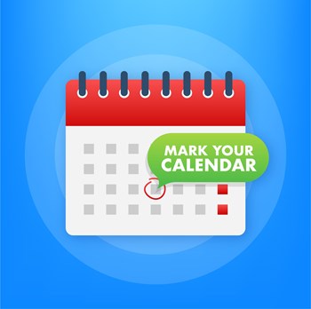 Mark your calendar for landing page design. Calendar reminder. Check mark icon.