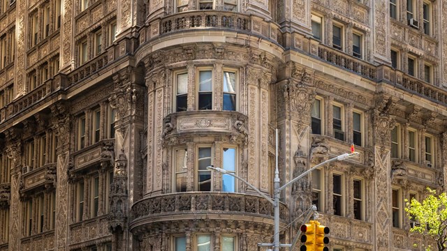 New York, USA - April 24, 2022: Exterior of New York's Petrossian restaurant is housed in the historic Alwyn Court Building on Manhattan's West Side