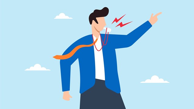 Businessman blows whistle loudly while pointing, signaling to alert others. Concept of business whistleblower, exposes illegal activities within organization by disclosing information to public