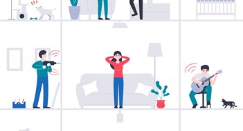 Q&A: Handling Noisy Neighbors Stay at home. Isolation girl suffers from noisy neighbors. Quarantine period. Novel coronavirus pandemic. Flat vector cartoon modern design illustration.