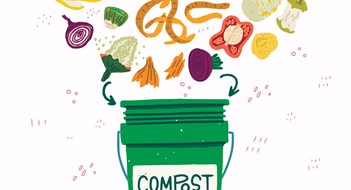 Bin There, Done That Flat style vegetable kitchen scraps and green compost bin on background with doodles. Organic waste for domestic composting. Parings and peelings of banana, egg, potato, apple, corn, onion, pepper