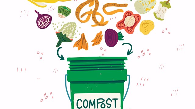 Flat style vegetable kitchen scraps and green compost bin on background with doodles. Organic waste for domestic composting. Parings and peelings of banana, egg, potato, apple, corn, onion, pepper