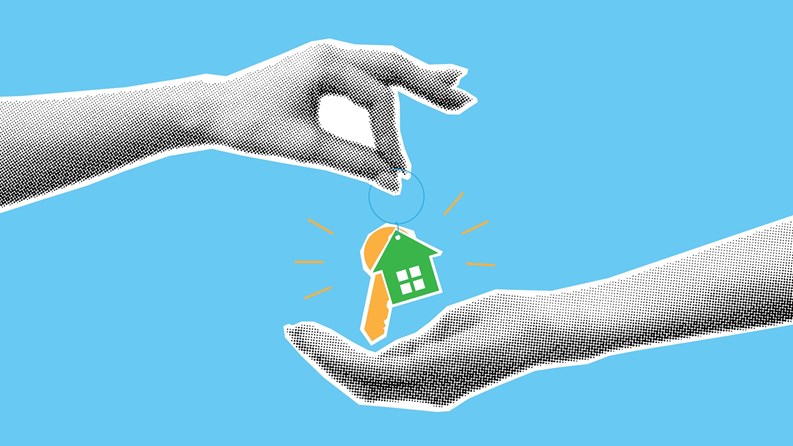 Real estate selling concept banner. Halftone hand gives keys to buyer. Creative collage with paper cut elements. Loan, mortgage or real estate business selling concept. Vector illustration.