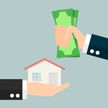 Hand giving a house, another hand giving money notebank, icon for business design