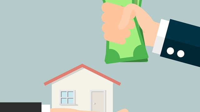 Hand giving a house, another hand giving money notebank, icon for business design