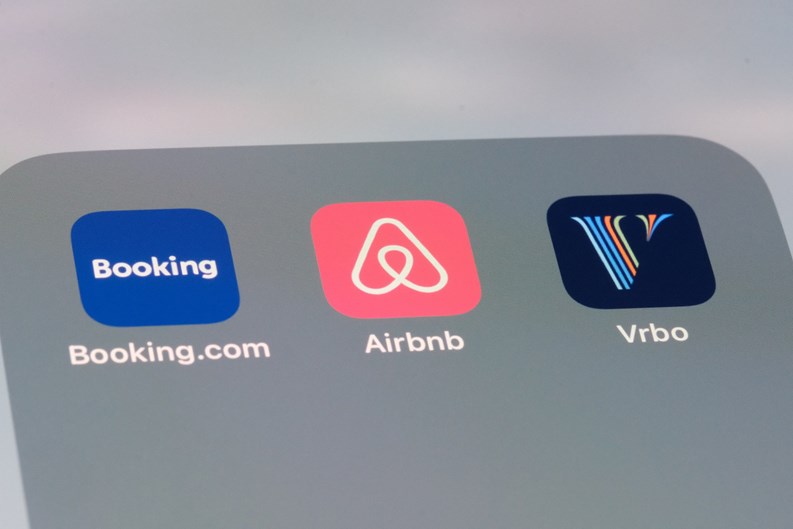 Shanghai,China-March 14th 2024: Airbnb, Booking.com and Vrbo app icons. Assorted online rental company brands