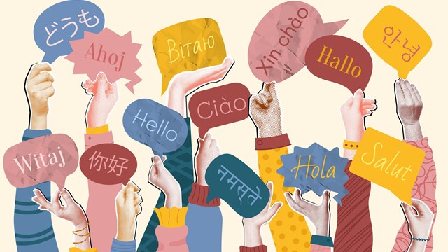International languages collage. Language school, mixed media halftone crowd of raised hands holding speech bubbles with greetings in multiple languages. Global communication vector illustration.