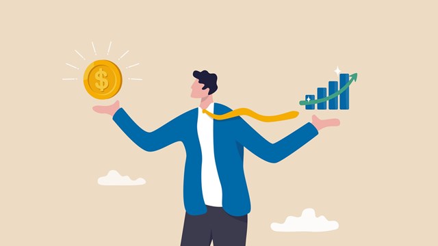 Value stock vs growth stock, comparison between investing style, professional choosing asset for earning or profit in market concept, businessman compare between value and growth stock in his hand.