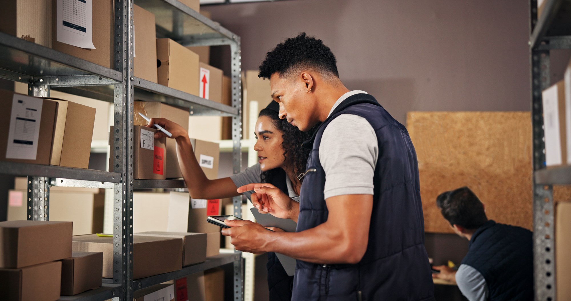 People, check and box with tablet in warehouse for inventory, online order and stock. Staff, package and inspection for supply chain, quality control and courier information with distribution details