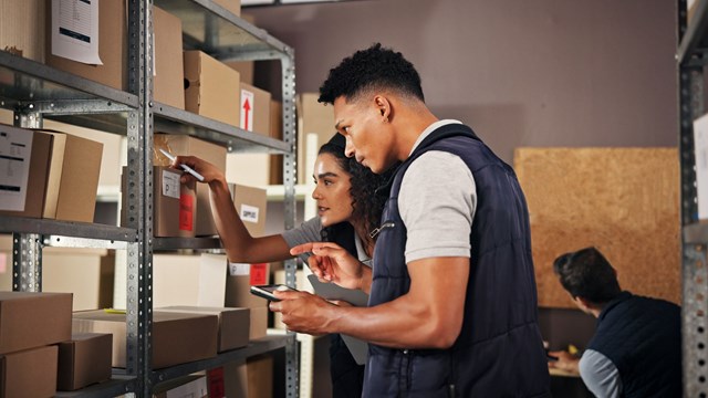 People, check and box with tablet in warehouse for inventory, online order and stock. Staff, package and inspection for supply chain, quality control and courier information with distribution details