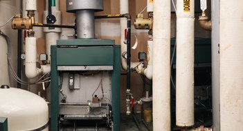 Managing Boilers in Older Buildings Natural gas heater, hot water tank and hot and cold water pipes. Gas safe, gas technician or plumbing background. Selective focus.