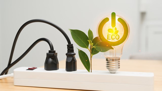 Small green plant and two black power cords plugged into a white power strip on a wooden desk, representing renewable energy, eco-friendly lifestyle, sustainability, environmental conservation concept