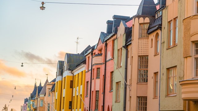 This pic shows colorful facades of buildings in Helsinki with the traditional Scandinavian architecture. The image is taken in helsinki finland.