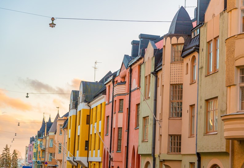 This pic shows colorful facades of buildings in Helsinki with the traditional Scandinavian architecture. The image is taken in helsinki finland.