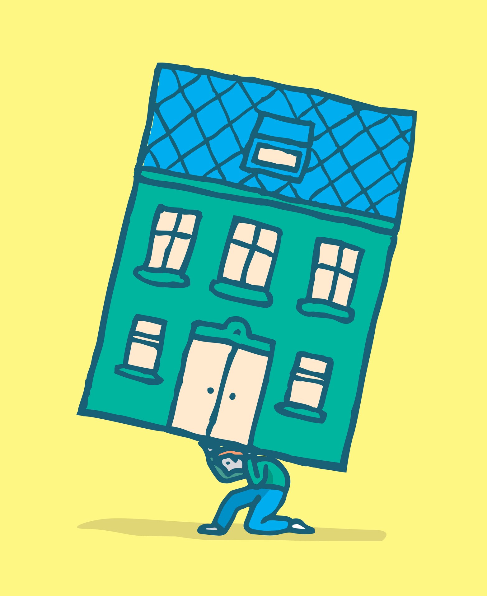 Cartoon illustration of man moving his home by carrying it on his back